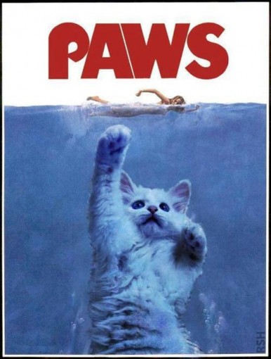 Parody of Jaws movie poster featuring a cat