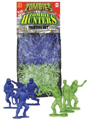 A bag of green and blue plastic figures of zombies and zombie hunters