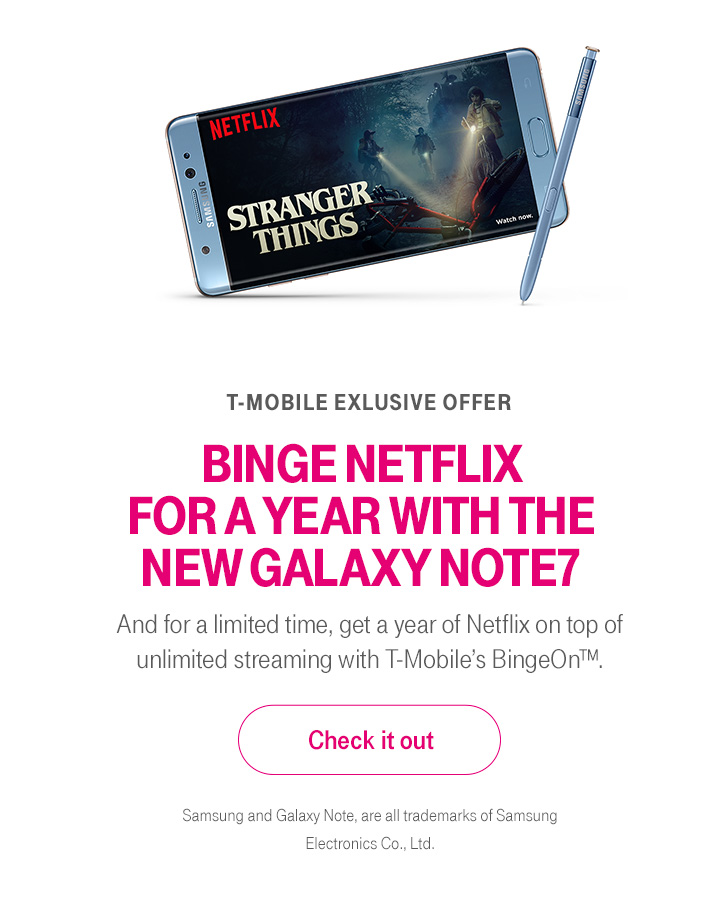 Get Samsung’s latest smartphone and score a year of Netflix on top of unlimited streaming anytime with T-Mobile’s Binge On