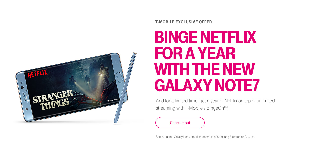 Get Samsung’s latest smartphone and score a year of Netflix on top of unlimited streaming anytime with T-Mobile’s Binge On