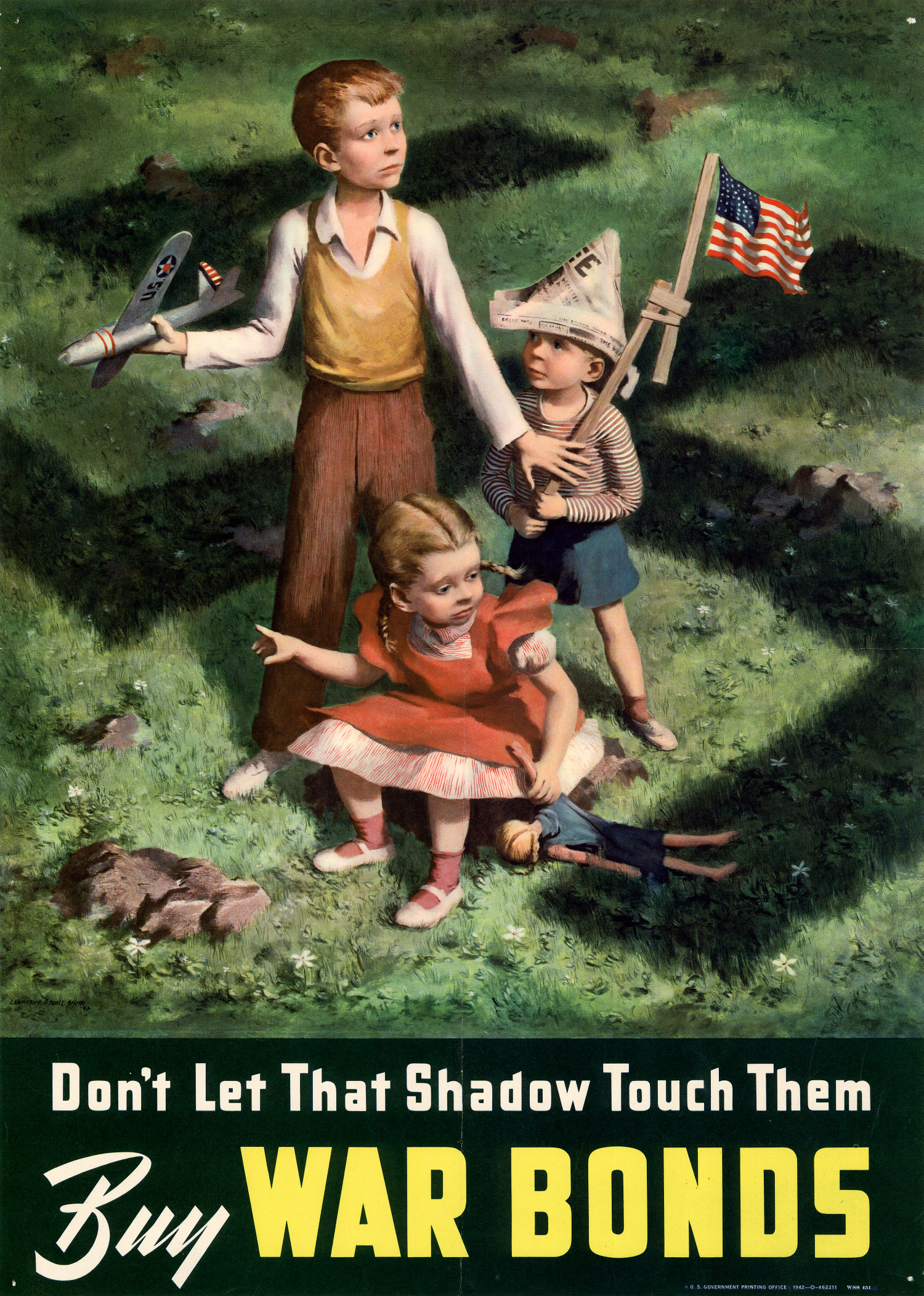 World War II Propaganda Poster: Don't Let That Shadow Touch Them: Buy War Bonds