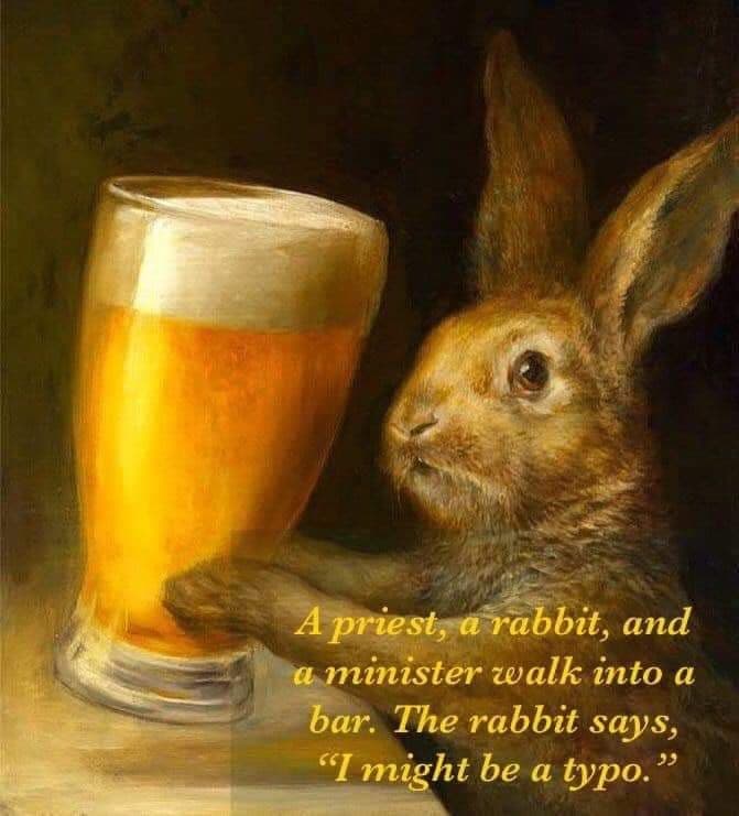 A priest, a rabbit, and a minister walk into a bar. The rabbit says, "I might be a typo."