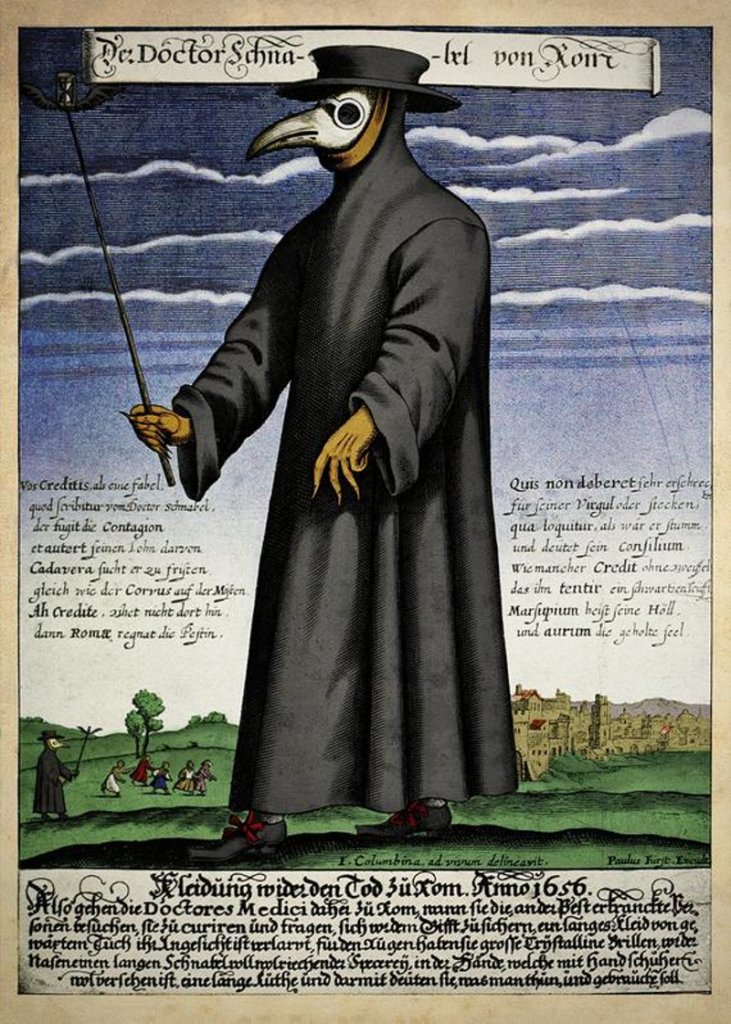 Colour copper engraving of Doctor Schnabel [i.e Dr Beak], a plague doctor in seventeenth-century Rome, published by Paul Fürst, ca. 1656