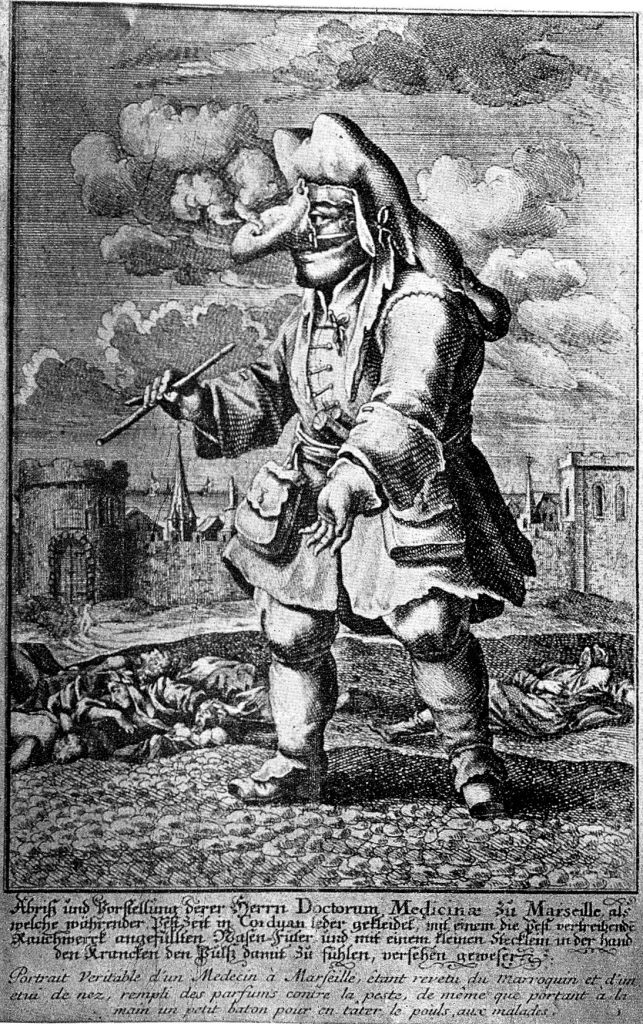Satirical engraving by Johann Melchior Füssli of a doctor of Marseilles clad in cordovan leather equipped with a nose-case packed with plague-repelling smoking material. With the wand he is to feel the pulse