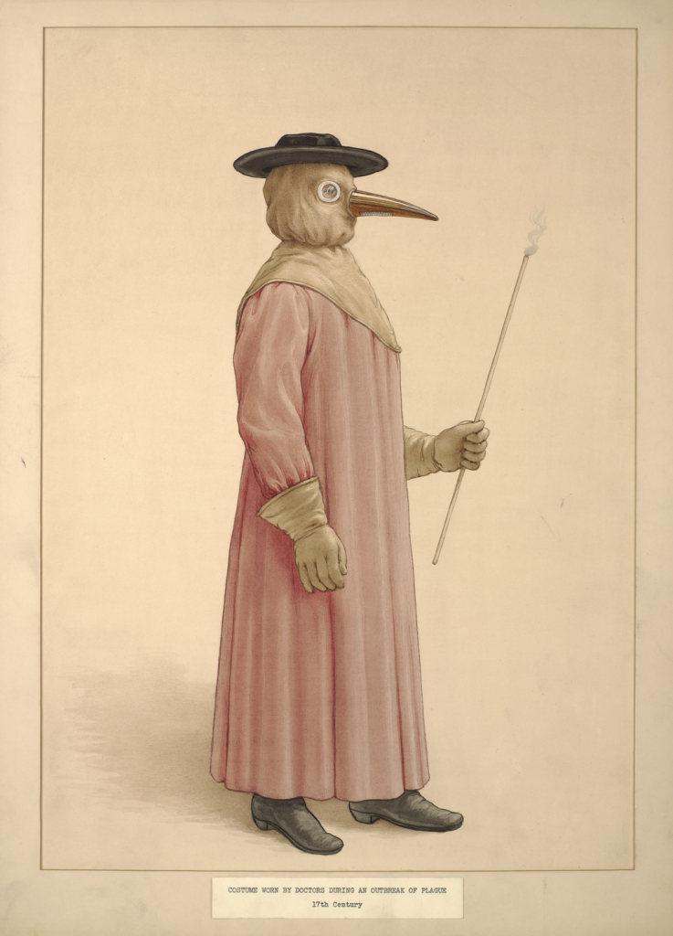 A physician wearing a 17th-century plague costume, as imagined in 1910