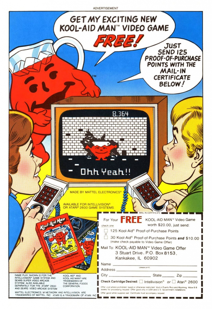 Early 1980s ad: Get My Exciting New Kool-Aid Man Video Game Free