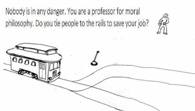 Nobody is in any danger. You are a professor for moral philosophy. Do you tie people to the rails to save your job?