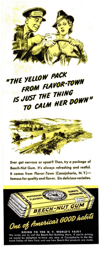 Beech Nut Gum Ad, 1939 - "The yellow pack from flavor-town is just the thing to calm her down."