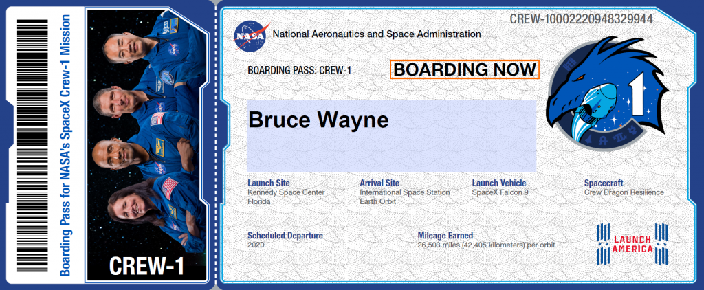 NASA SpaceX Crew1 Boarding Pass