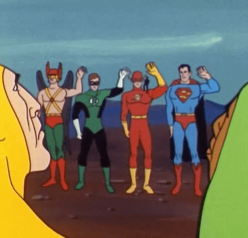 Animated GIF - Hawkman, Green Lantern, The Flash, The Atom and Superman Waving