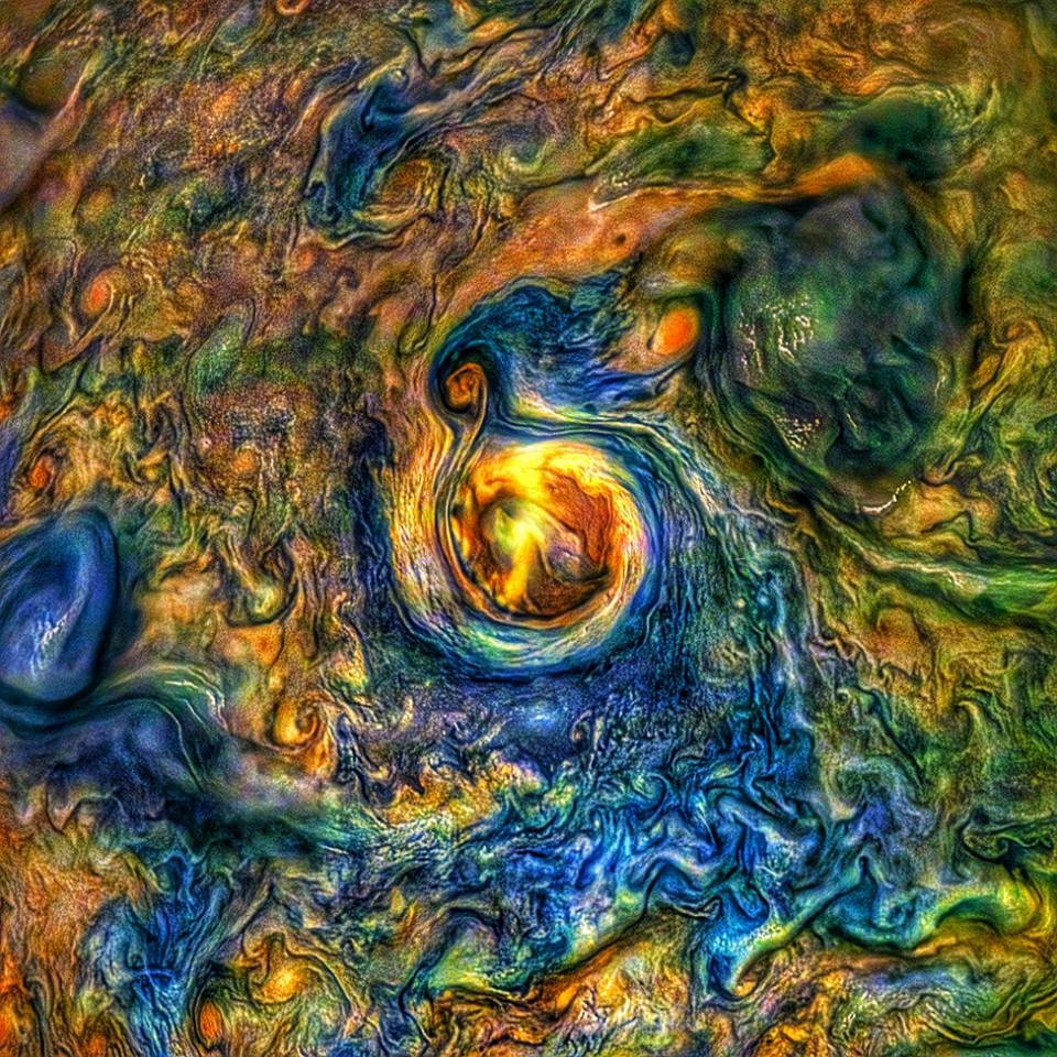 Image of storm on Jupiter enhanced with exaggerated colors
