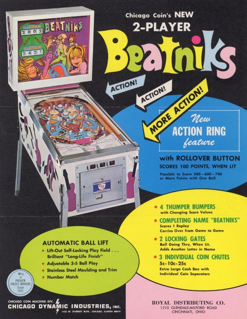 Chicago Coin Beatniks Pinball Machine Flyer, 1967