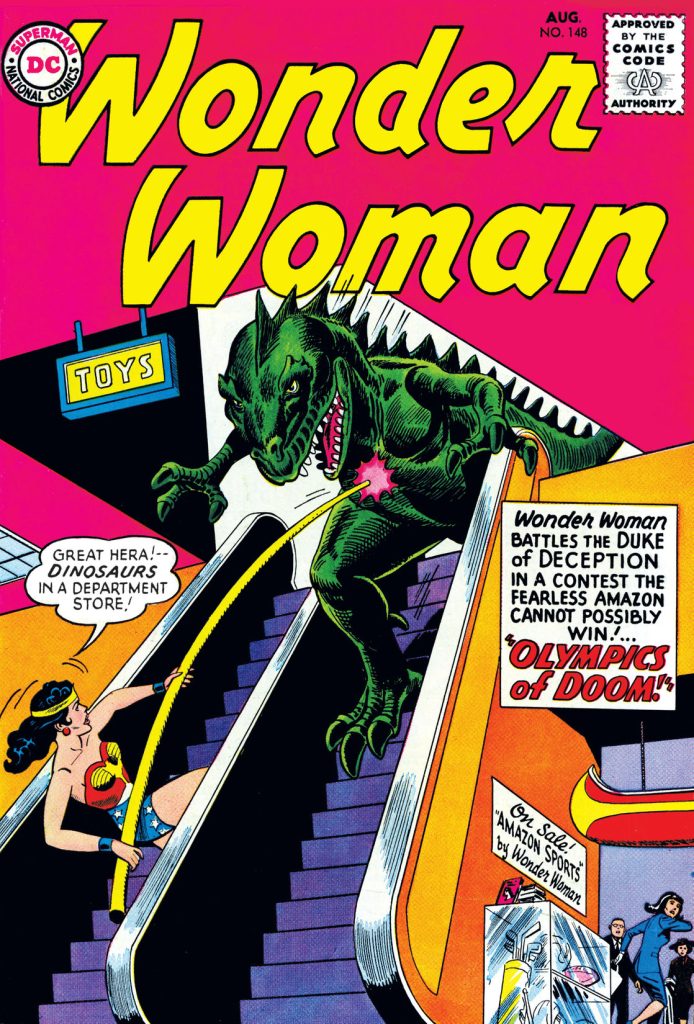 Wonder Woman 148 Cover - "Great Hera! Dinosaurs in a department store!"